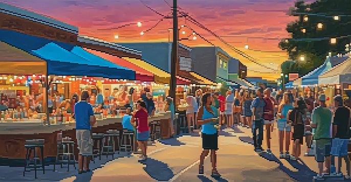 A lively street scene filled with people admiring colorful artworks during the Carlsbad Village Art Walk, with twinkling lights and food trucks.