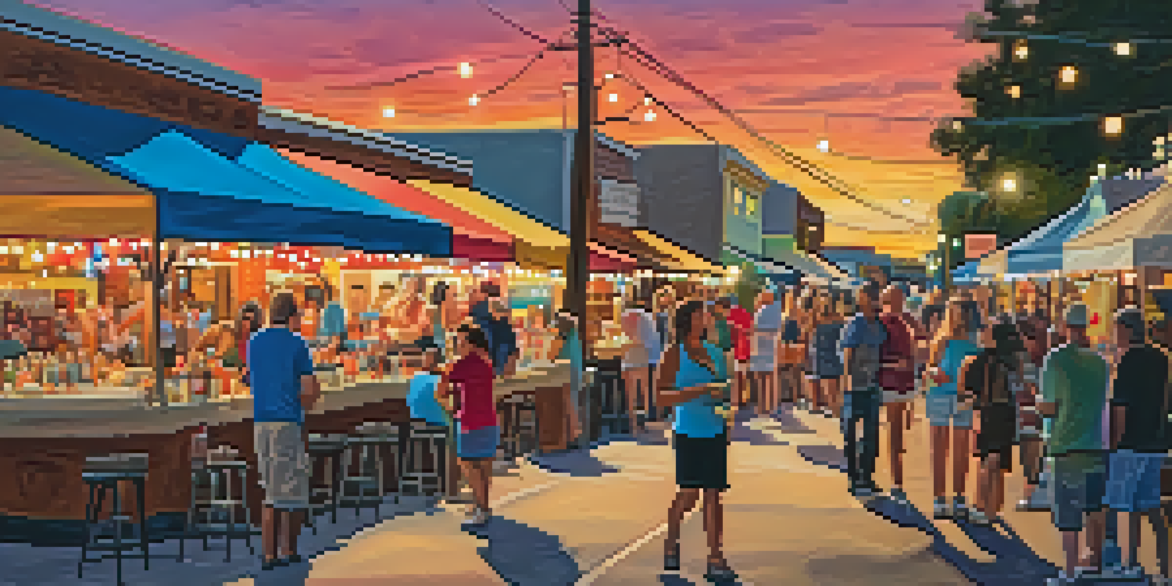 A lively street scene filled with people admiring colorful artworks during the Carlsbad Village Art Walk, with twinkling lights and food trucks.