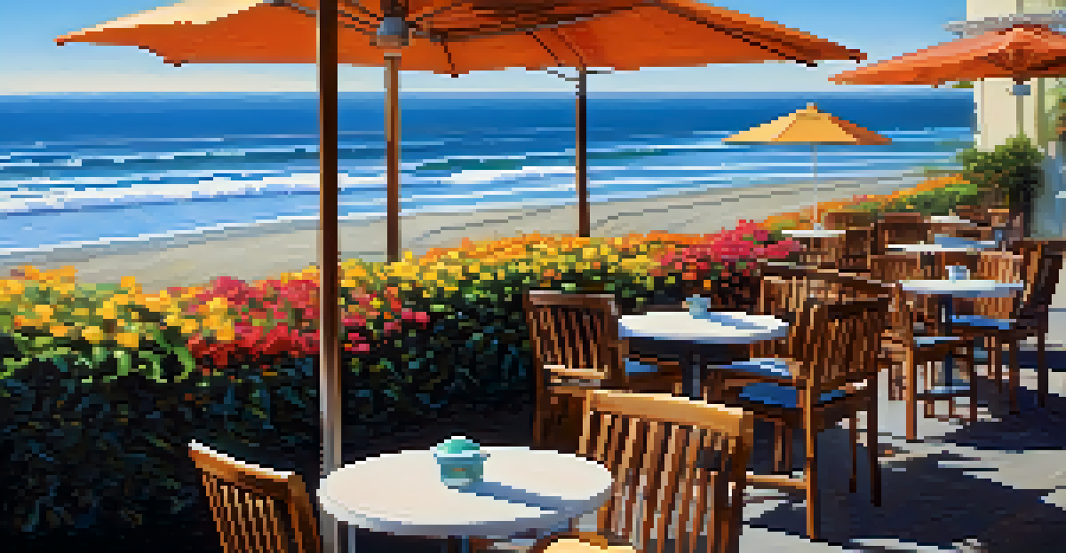 An outdoor coffee shop patio with ocean views, featuring patrons sipping drinks under umbrellas, surrounded by blooming flowers and a sunny atmosphere.