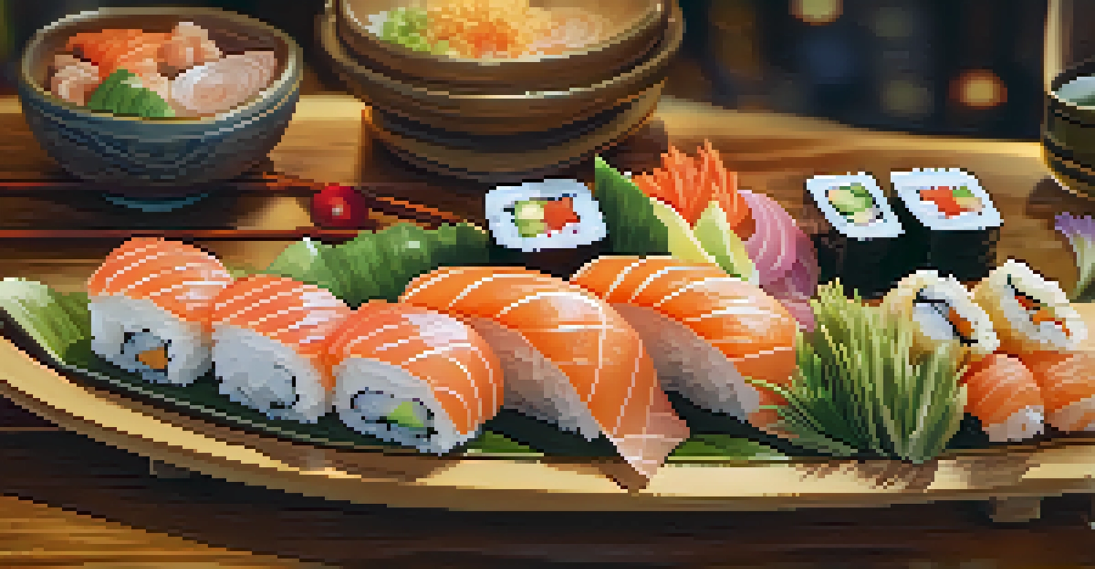 A beautifully arranged sushi platter with fresh fish and vegetables, set in a cozy restaurant environment with warm lighting.