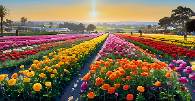 A scenic view of the Flower Fields Festival with colorful ranunculus flowers and visitors enjoying the beautiful spring day.