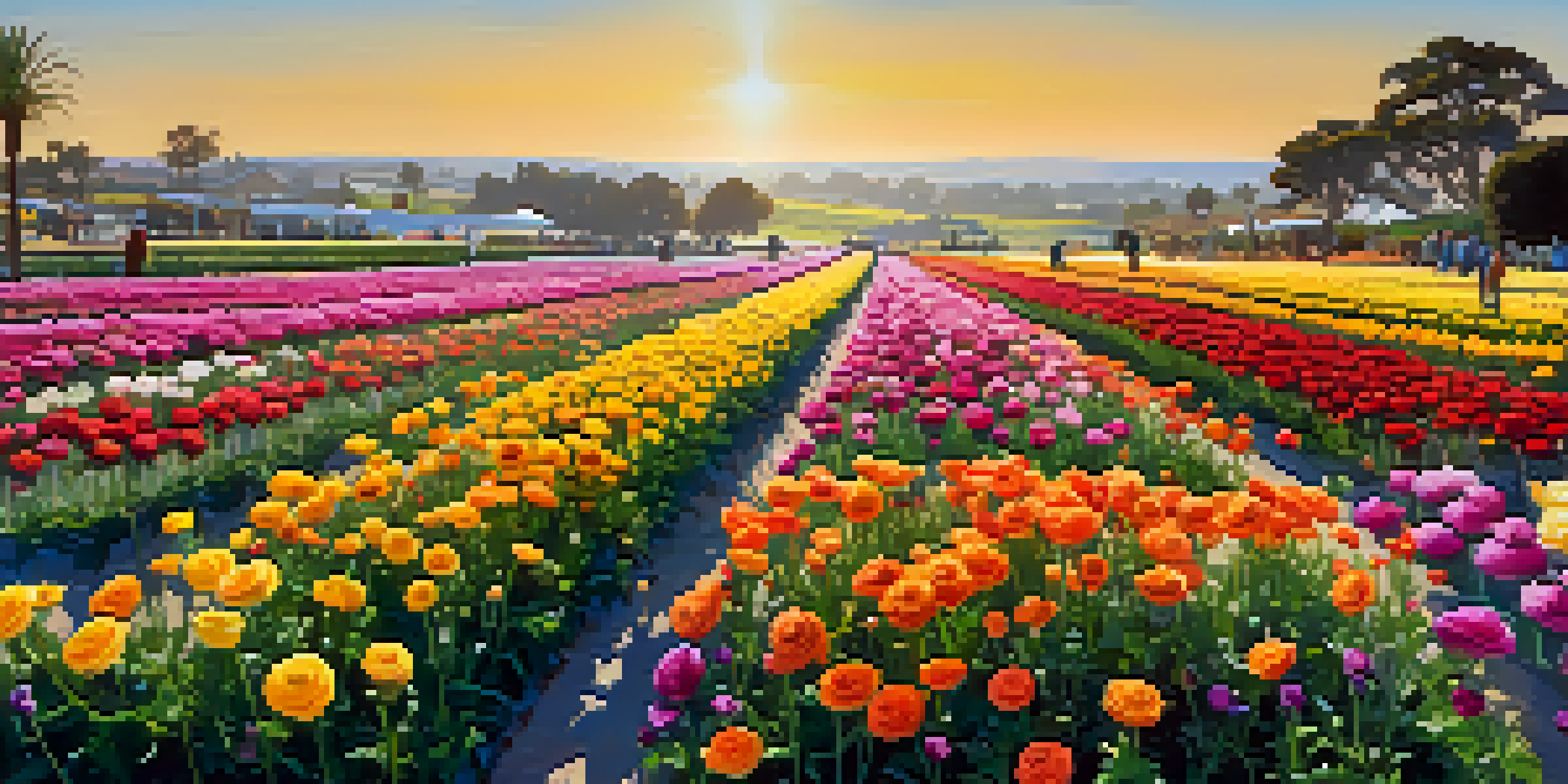 A scenic view of the Flower Fields Festival with colorful ranunculus flowers and visitors enjoying the beautiful spring day.