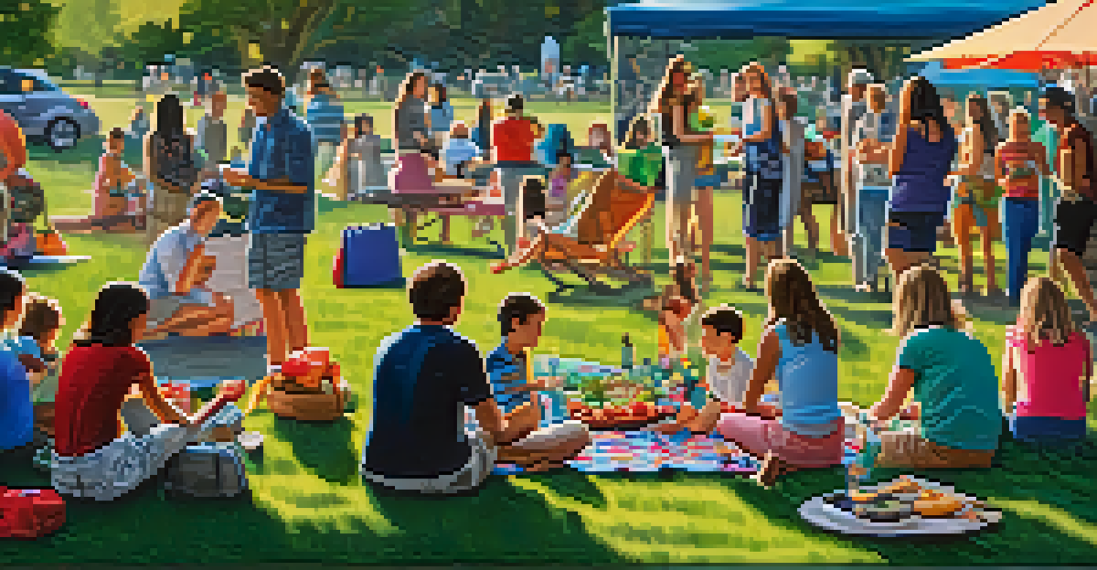 A picnic setup with snacks and drinks on a colorful blanket, featuring blurred background figures of children playing and musicians on stage.