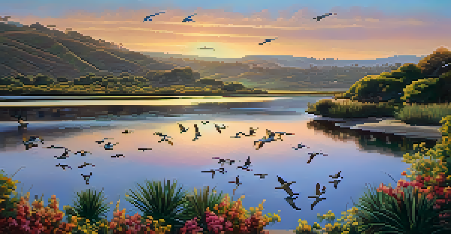A scenic lagoon with migratory birds flying and resting, surrounded by wetlands and colorful plants during sunset.