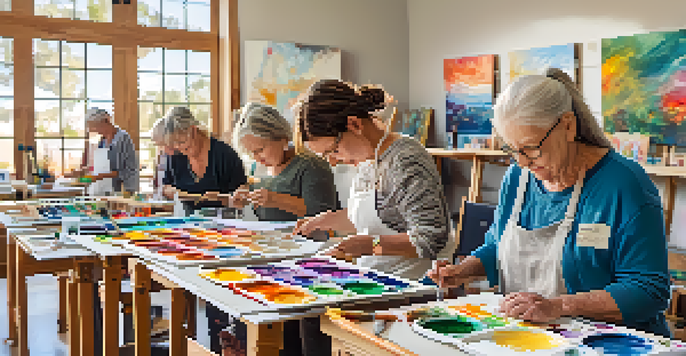 A lively community art class with participants of different ages creating art in a bright space filled with colorful supplies.