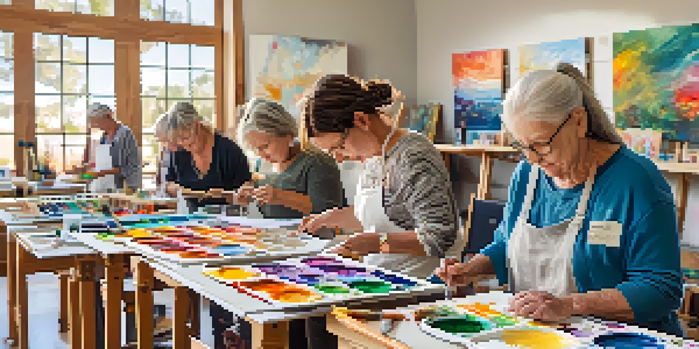 A lively community art class with participants of different ages creating art in a bright space filled with colorful supplies.