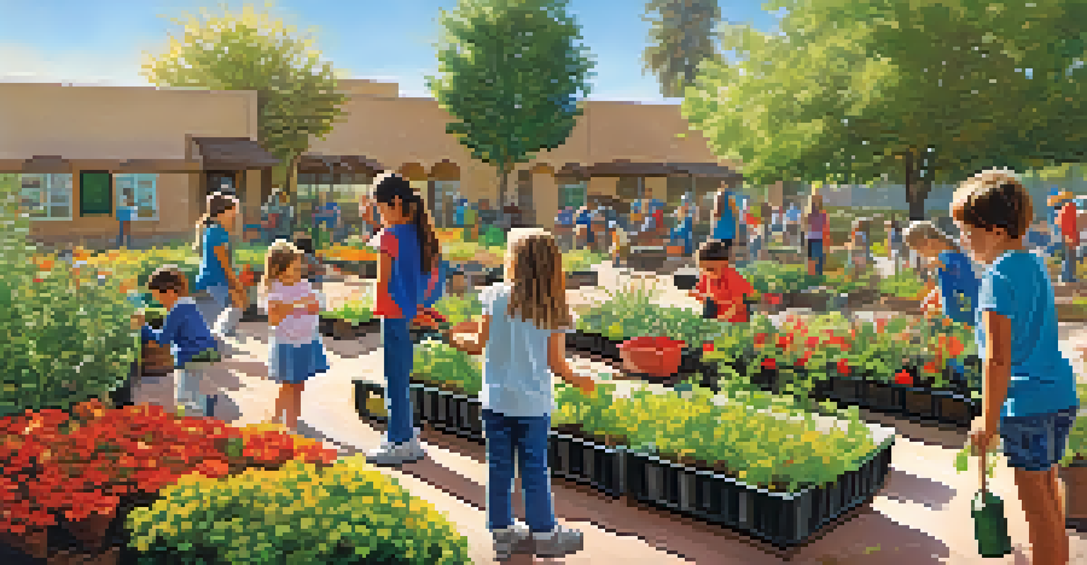 Children in a Carlsbad school participating in a gardening project, planting flowers and vegetables in a colorful garden under sunlight.