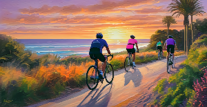 Cyclists riding along the Carlsbad Coastal Rail Trail at sunset, with a colorful sky and ocean view.