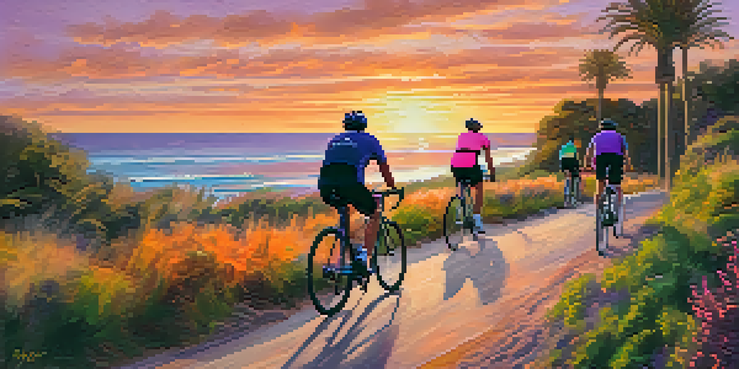 Cyclists riding along the Carlsbad Coastal Rail Trail at sunset, with a colorful sky and ocean view.