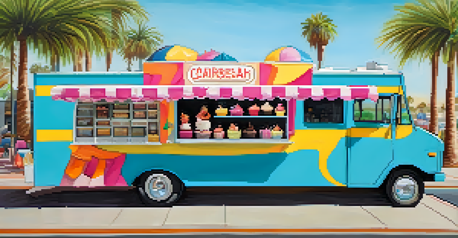 A colorful dessert food truck offering an assortment of cupcakes and ice creams, with customers eagerly ordering from the menu board.
