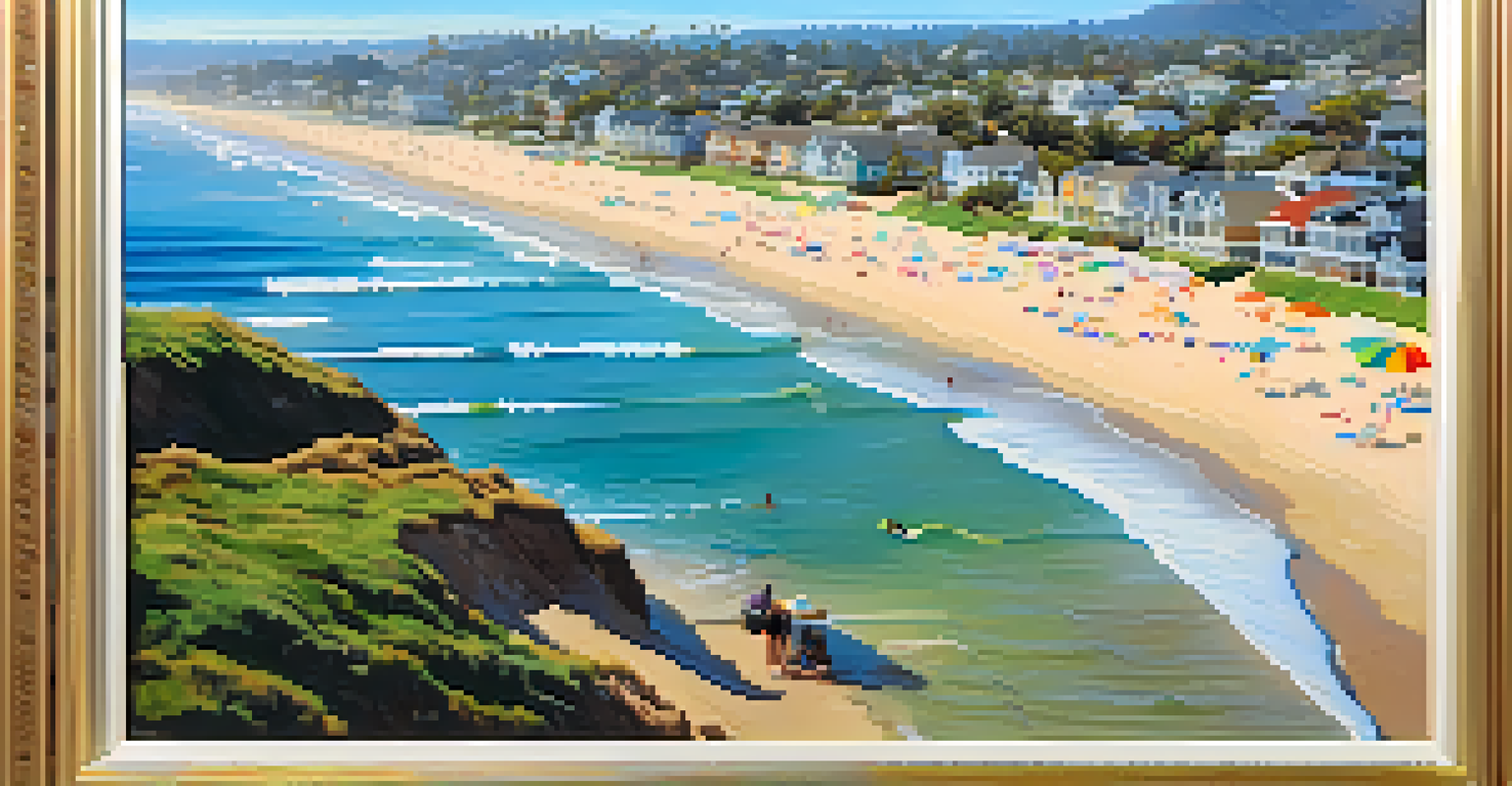 Aerial view of Carlsbad State Beach, featuring golden sand, clear waves, and sunbathers under colorful umbrellas.
