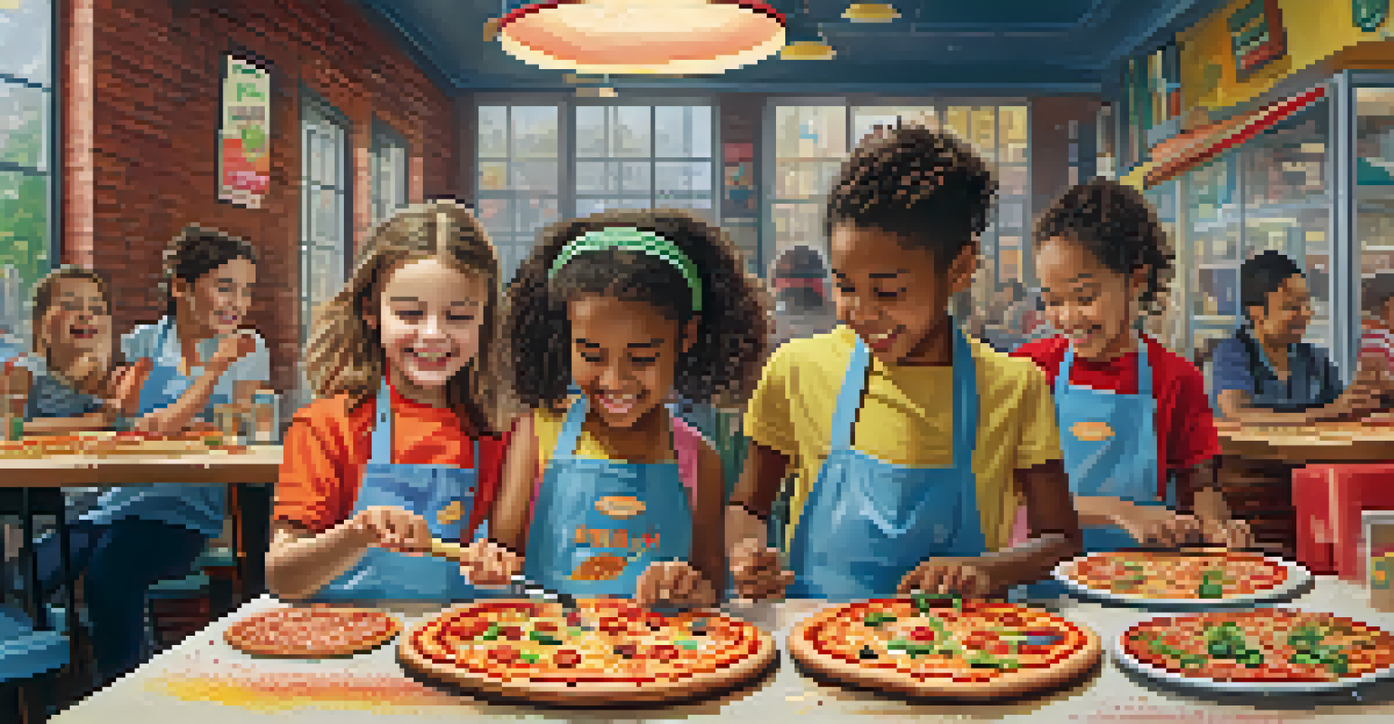 Children making pizzas at a restaurant, with toppings and utensils around them, in a colorful setting.