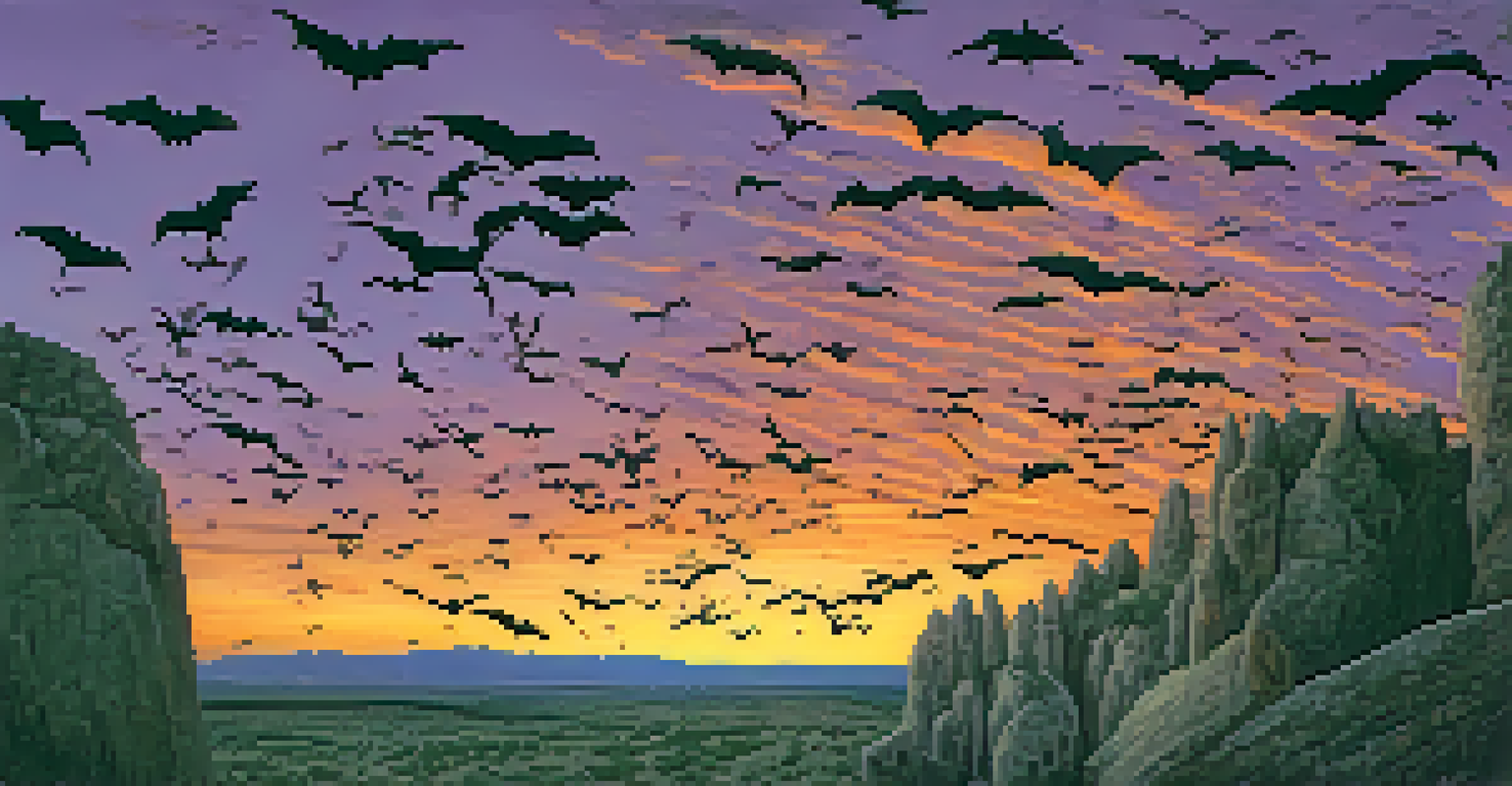 A spectacle of bats exiting Carlsbad Caverns at twilight, with vibrant colors in the sky and the cavern entrance illuminated.