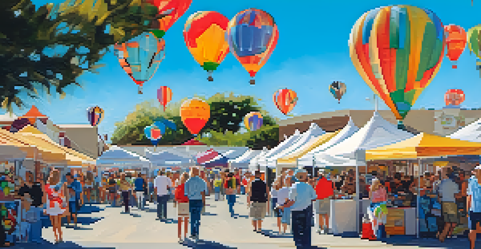 An art fair in Carlsbad with colorful booths and local artists, filled with people enjoying the artworks under a bright sky.