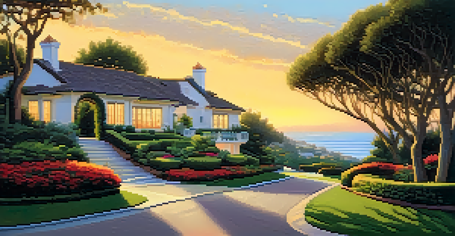 A picturesque view of La Costa Avenue featuring manicured gardens and a golden sunset.