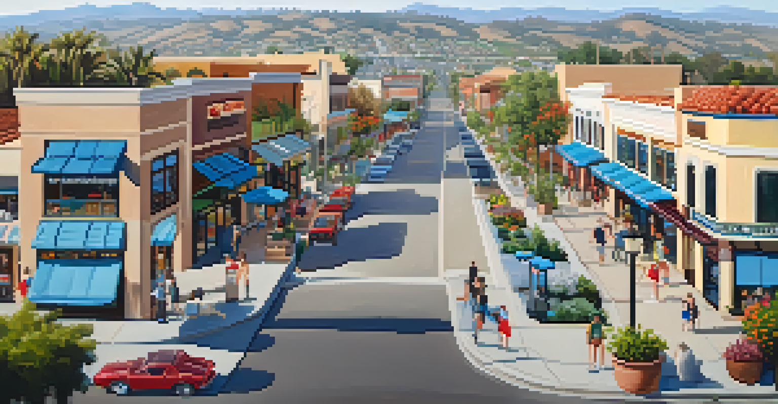 An aerial view of a vibrant shopping district in Carlsbad with outdoor dining and colorful storefronts.