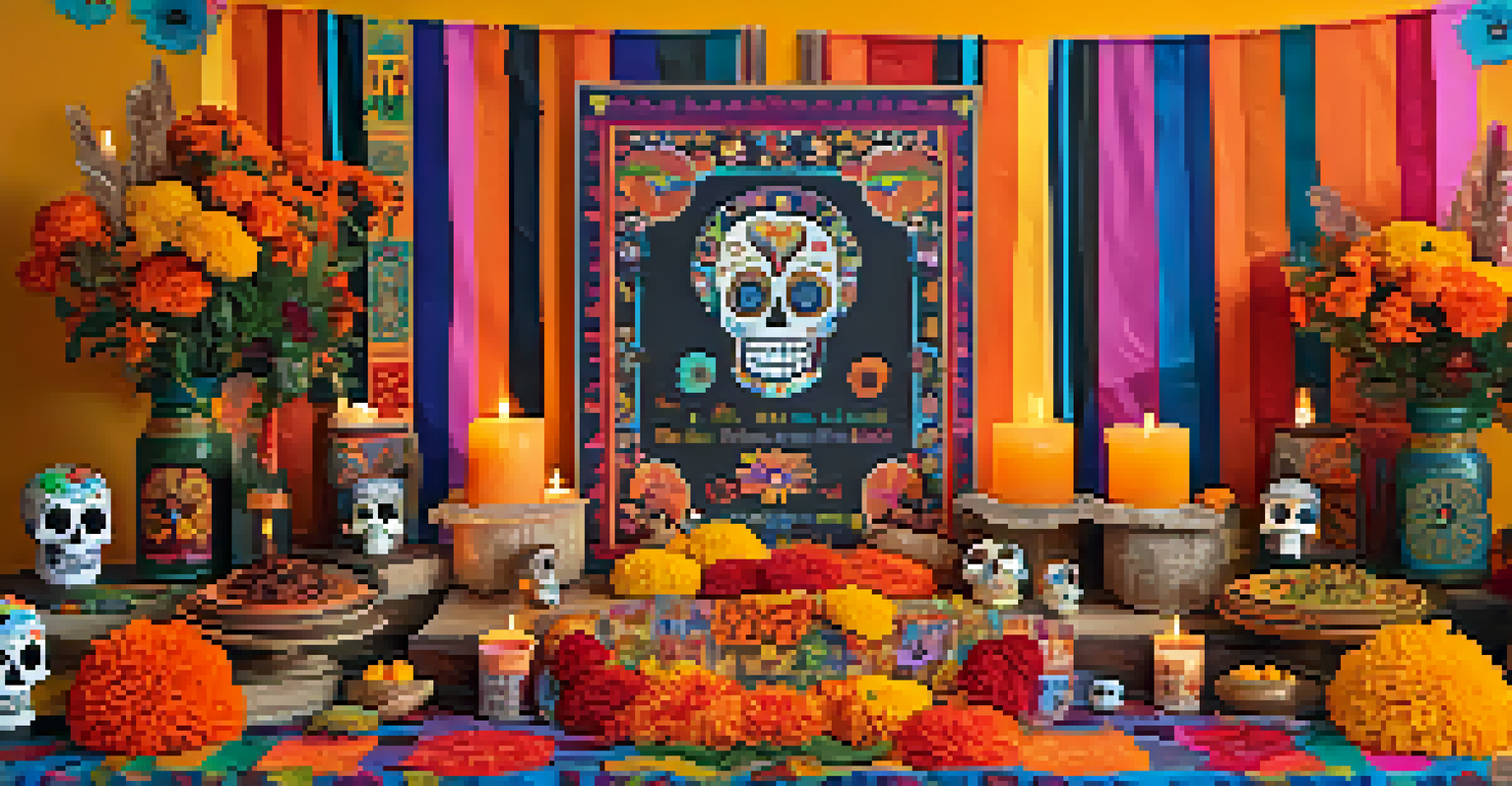 A close-up view of a Dia de los Muertos altar decorated with flowers, candles, and colorful banners.