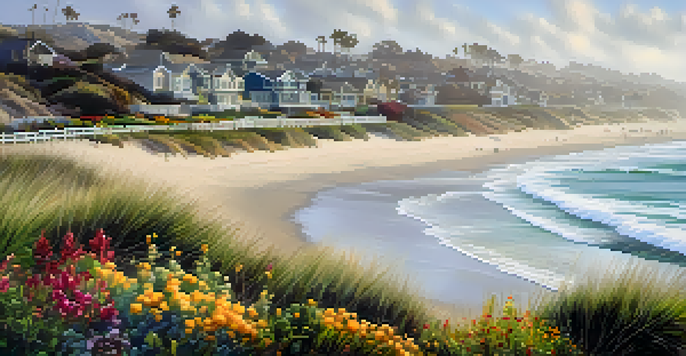 A serene winter beach scene in Carlsbad, California, with gentle waves, overcast skies, and vibrant flowers in the foreground.