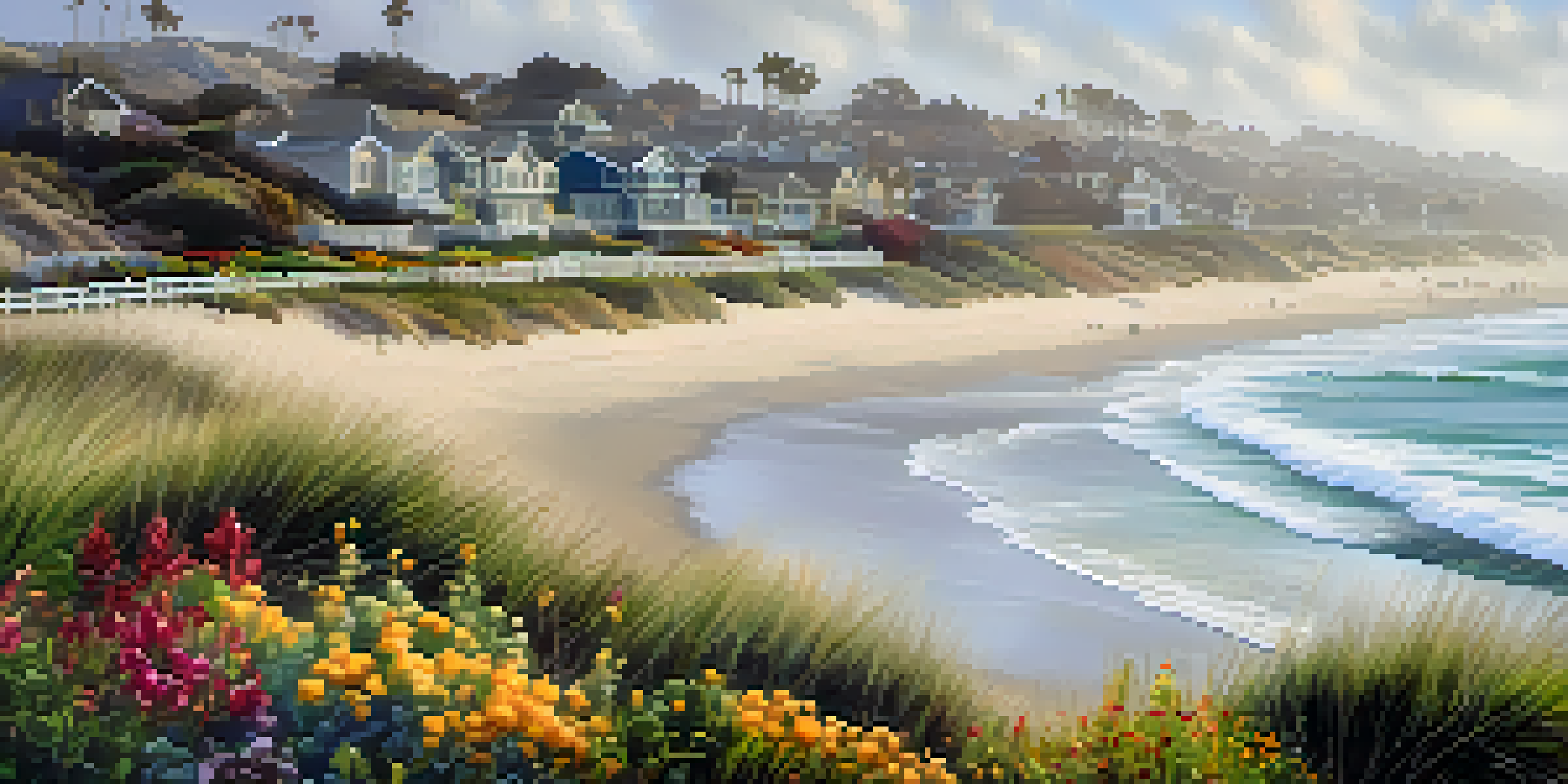 A serene winter beach scene in Carlsbad, California, with gentle waves, overcast skies, and vibrant flowers in the foreground.