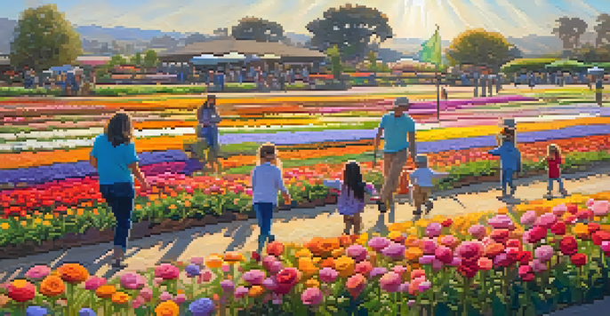 Families enjoying a sunny day at the Carlsbad Flower Fields, surrounded by colorful ranunculus flowers.