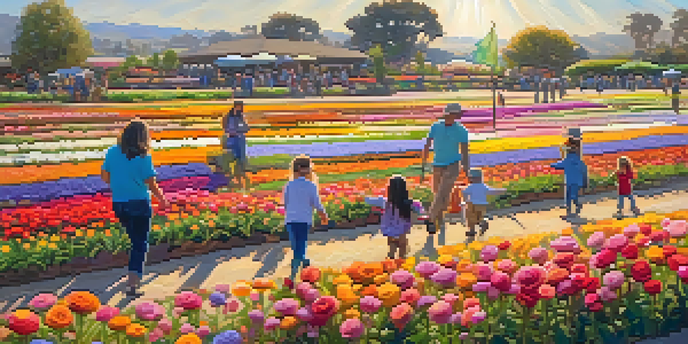 Families enjoying a sunny day at the Carlsbad Flower Fields, surrounded by colorful ranunculus flowers.