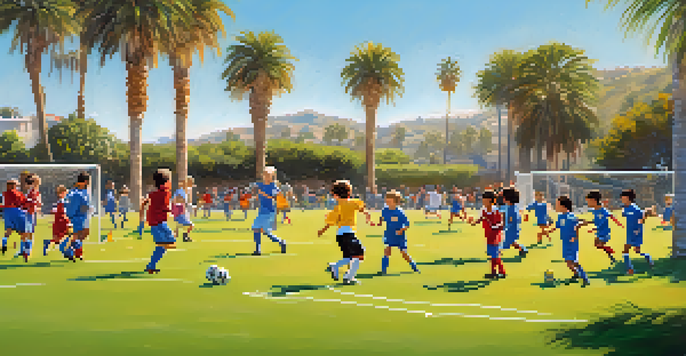 A lively youth soccer game with children playing on a green field under a blue sky in Carlsbad.