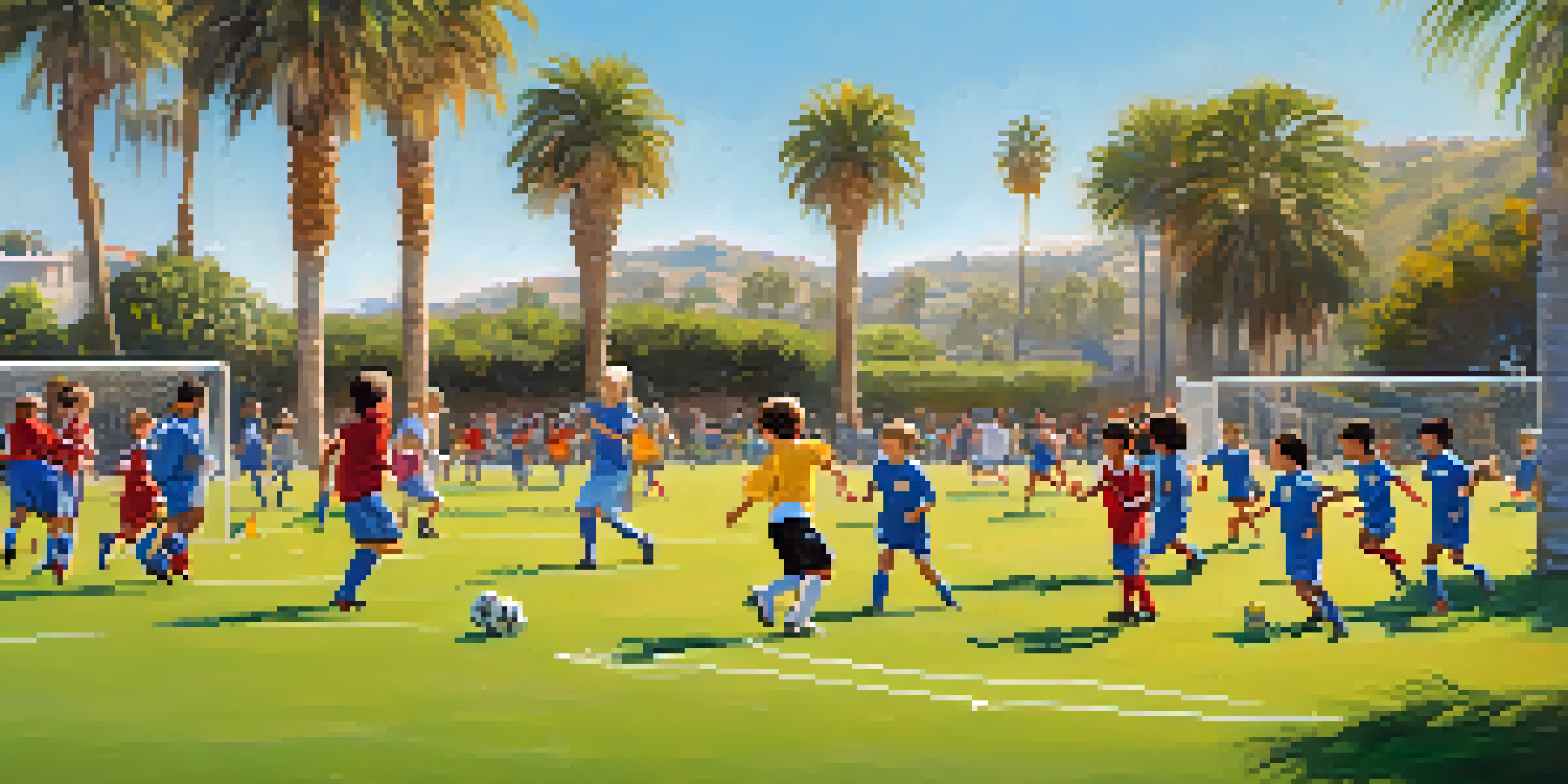 A lively youth soccer game with children playing on a green field under a blue sky in Carlsbad.