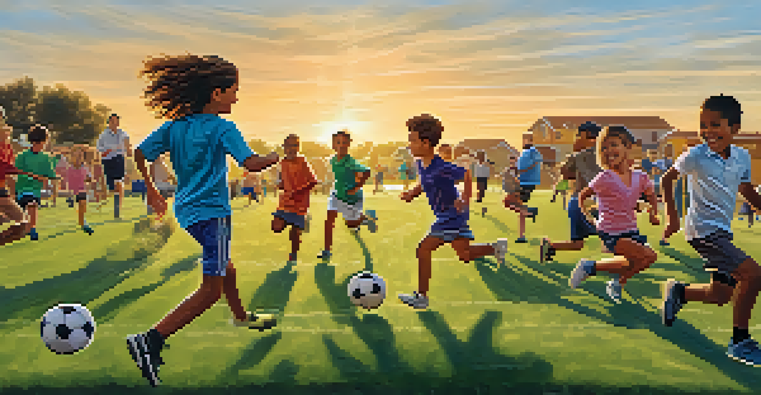 Children playing soccer on a grassy field during sunset, highlighting teamwork and joy in an after-school sports program.