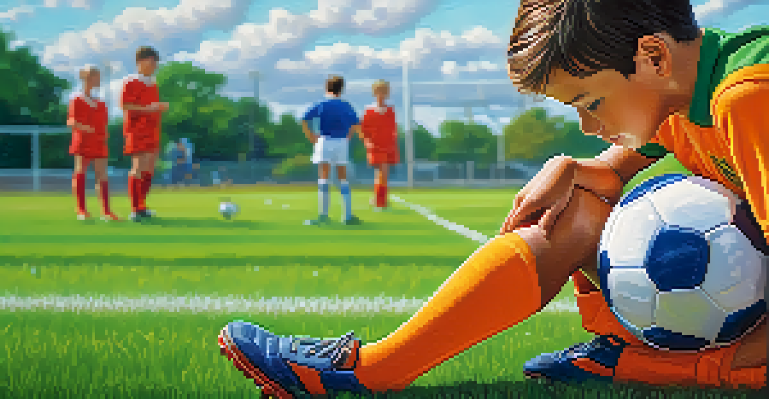 A young soccer player tying shoelaces with a soccer ball in the background on a green field.