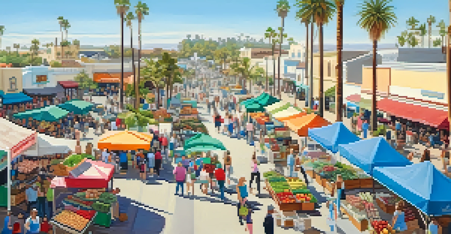 An aerial view of a vibrant Farmers Market in Carlsbad, featuring colorful stalls and people shopping amidst palm trees and a blue sky.