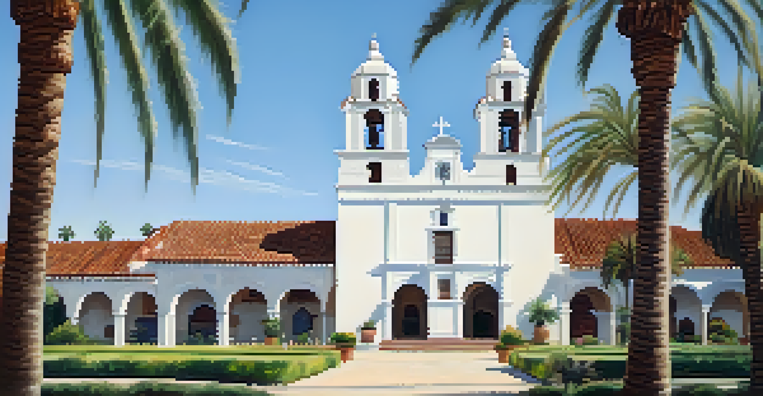 A peaceful view of Mission San Luis Rey surrounded by lush gardens and palm trees, with visitors exploring the historic site.