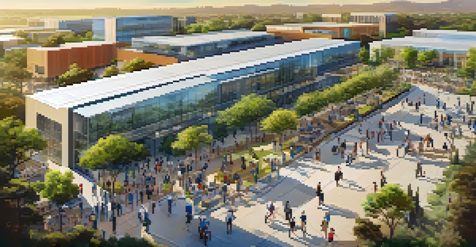 Aerial view of a tech campus in Carlsbad with people engaging in an outdoor event.