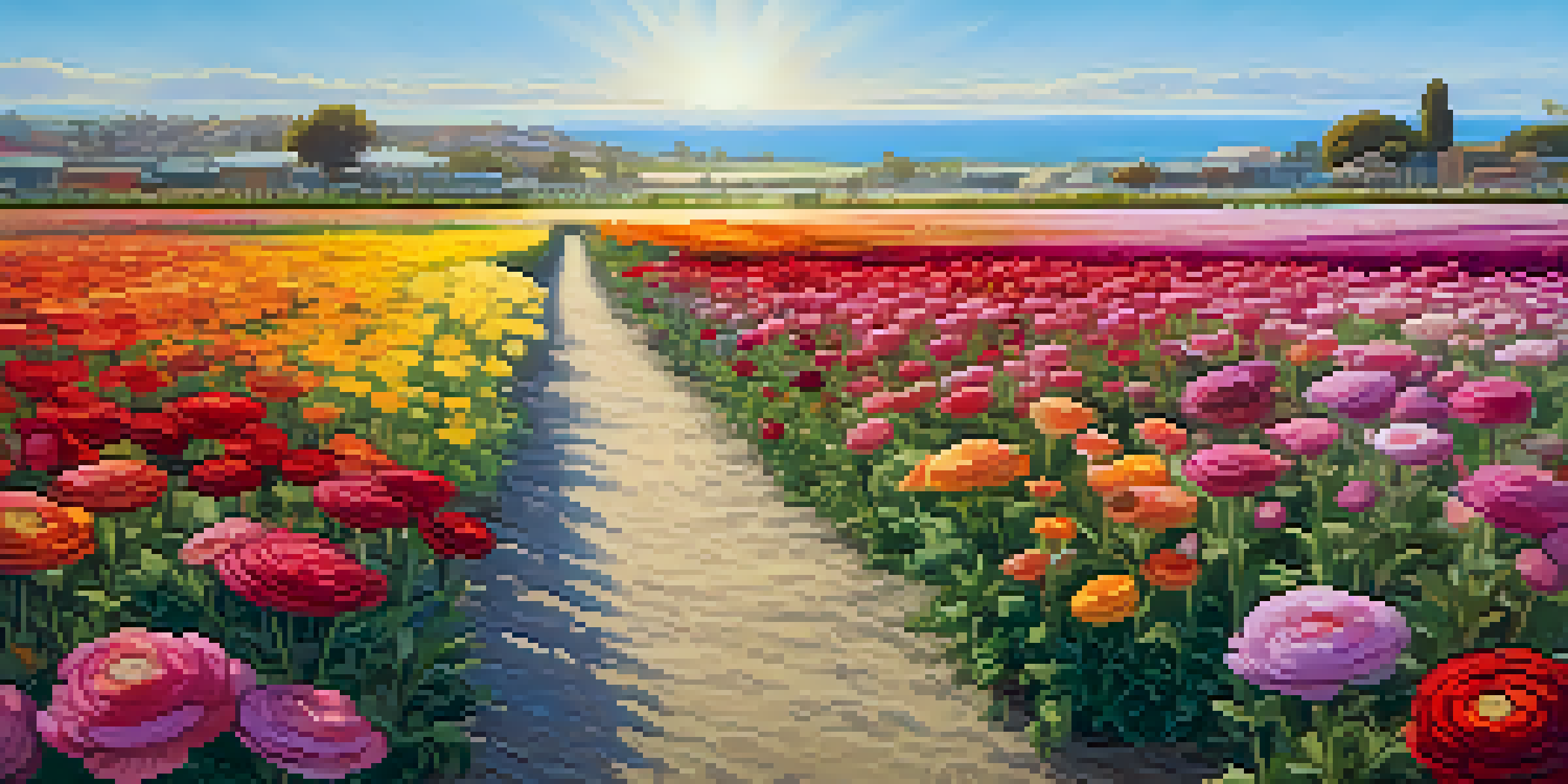 A panoramic view of blooming ranunculus flowers in the Carlsbad Flower Fields, with colorful rows of flowers and a clear sky.