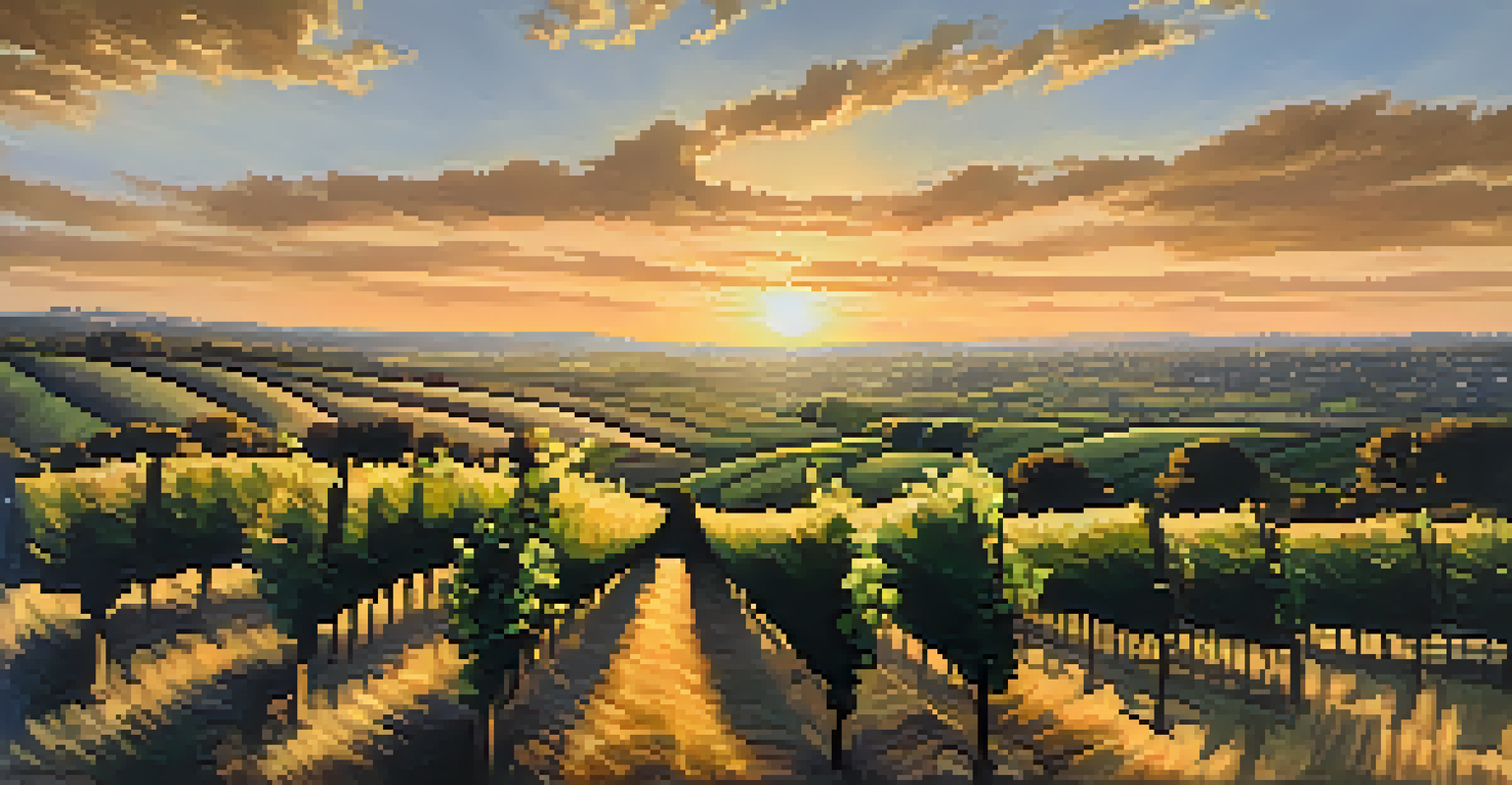 An aerial view of vineyards and olive trees with rolling hills during sunset.