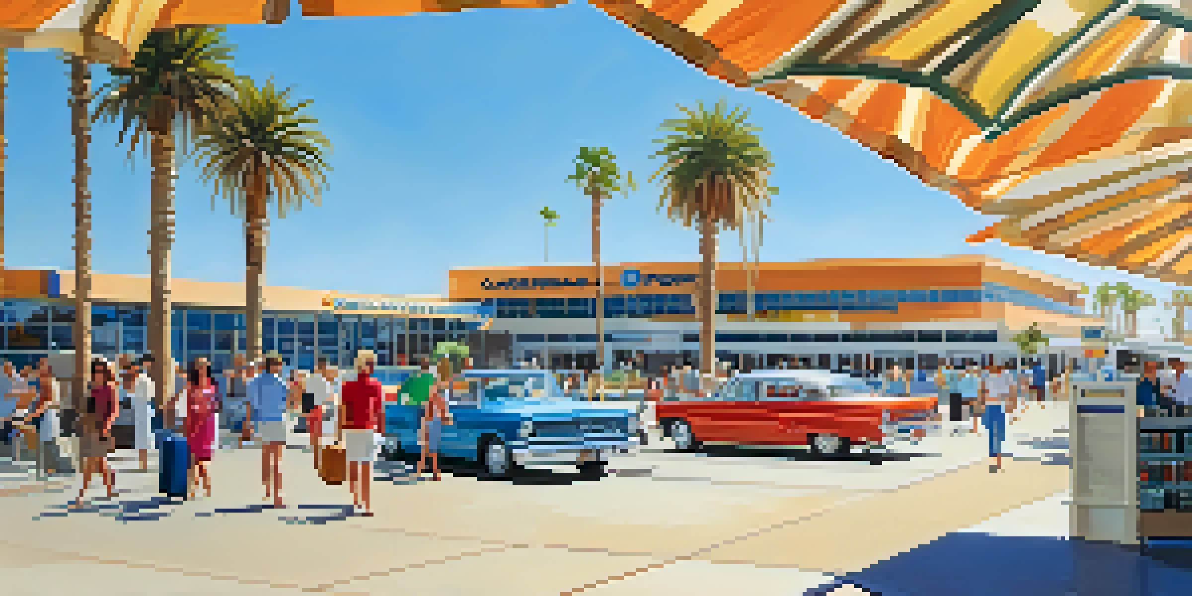 A busy Carlsbad Airport with travelers and shuttle vans on a sunny day.