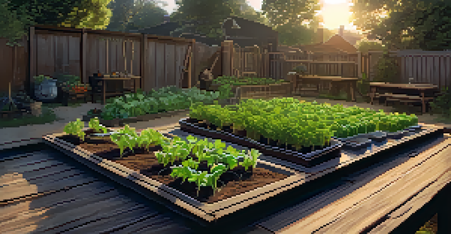 A serene backyard garden with a vegetable patch of seedlings and an open garden journal on a wooden table, illuminated by warm evening light.