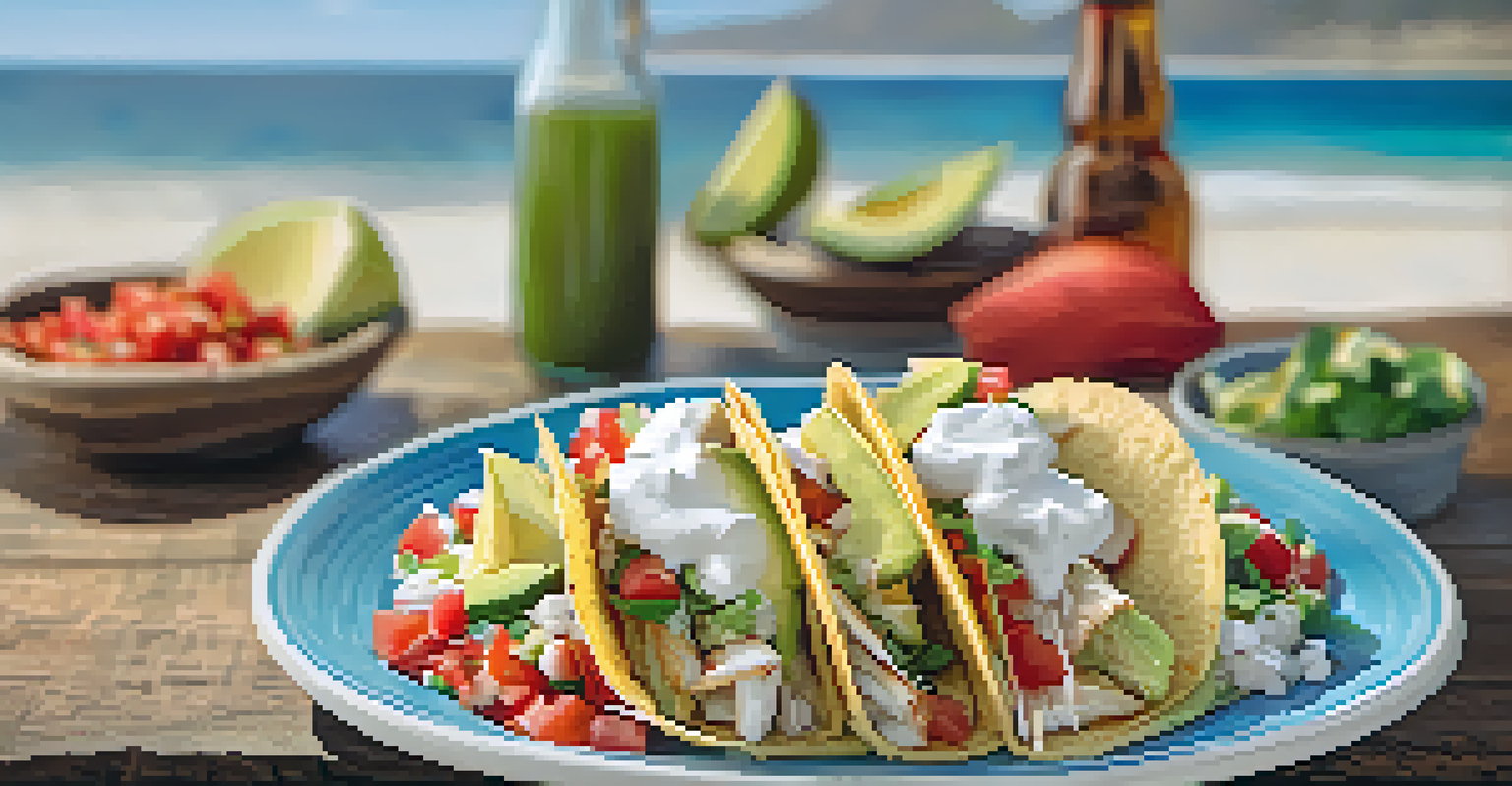 A close-up of fish tacos with toppings on a wooden table, set against a backdrop of the ocean and beach, representing Carlsbad's seafood culture.