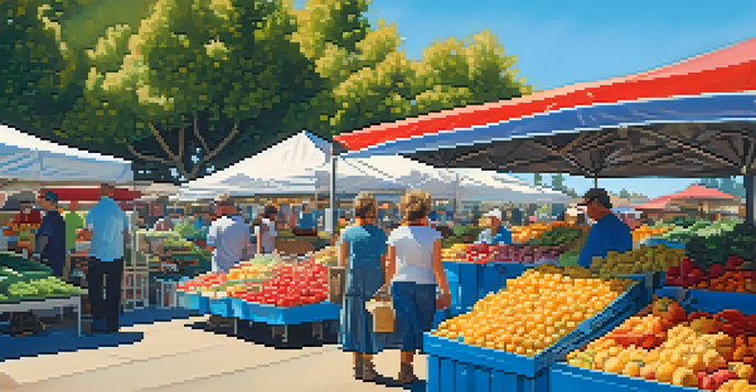 A lively farmers' market filled with local farmers and community members, showcasing fresh produce under a bright blue sky.