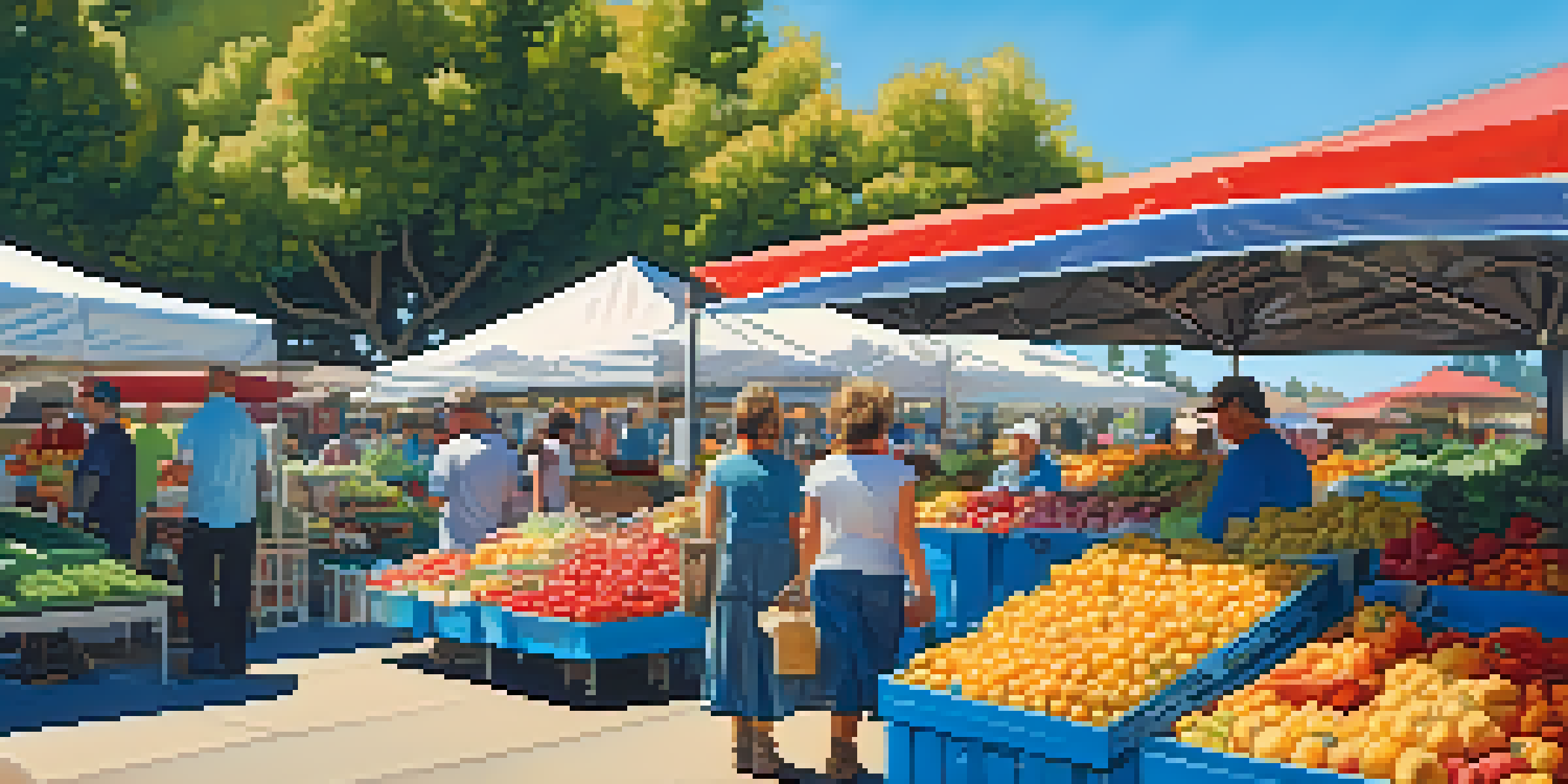 A lively farmers' market filled with local farmers and community members, showcasing fresh produce under a bright blue sky.