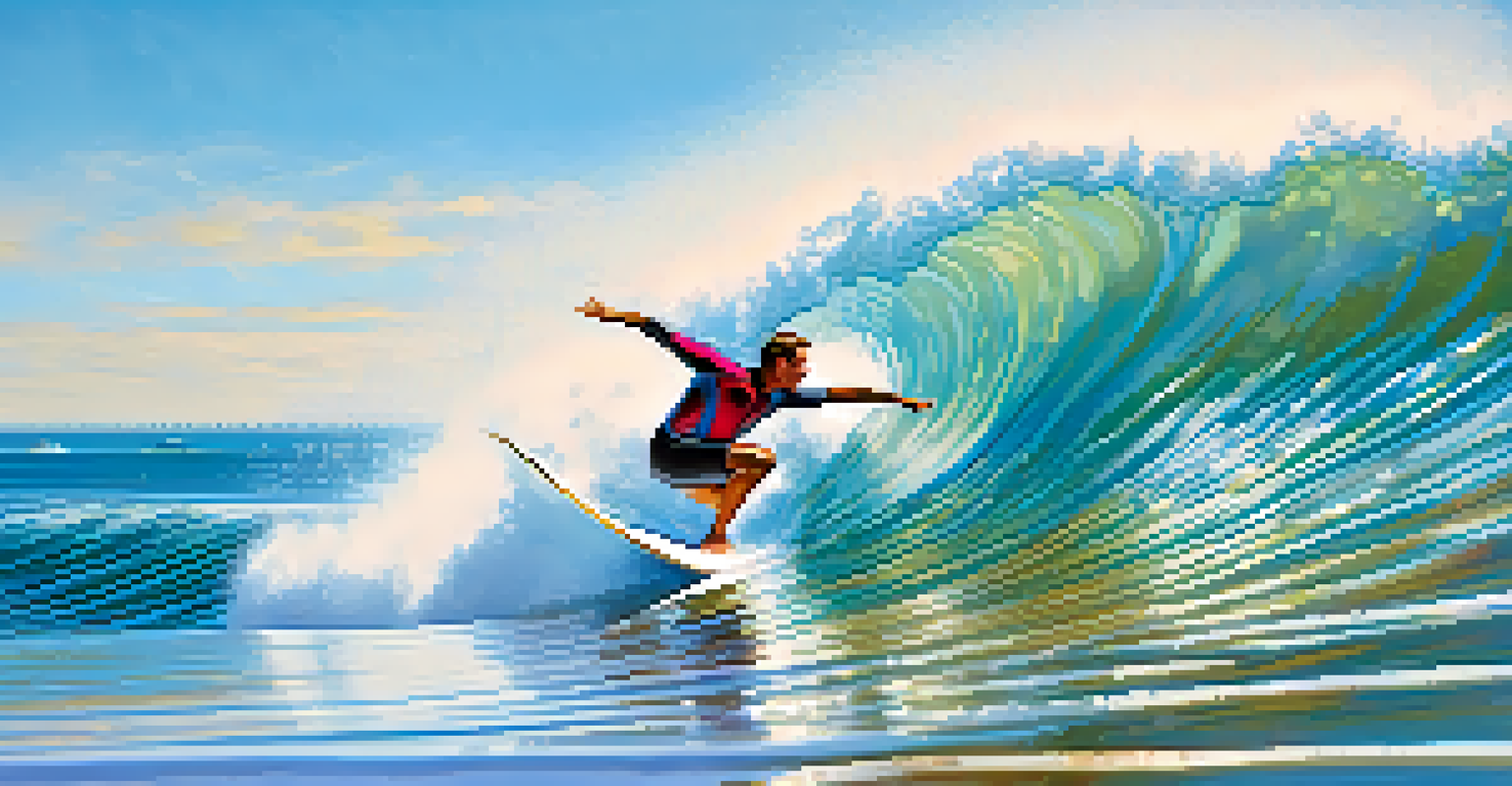 A surfer executing a trick on a wave with a bright blue ocean and sandy beach in the background.