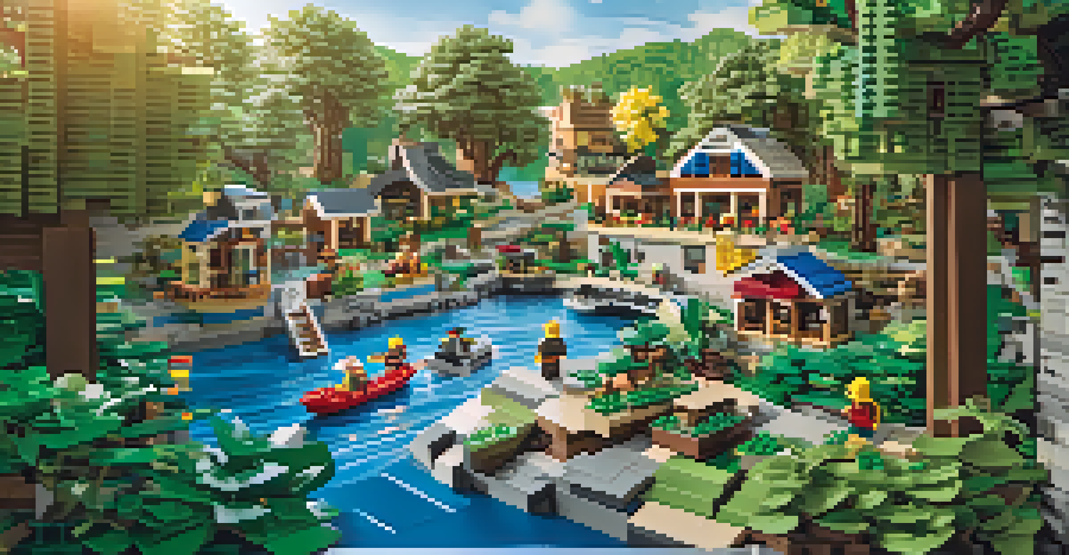 Visitors interacting with a miniature boat ride in a LEGO landscape surrounded by greenery.