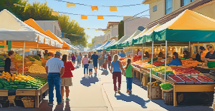 A busy outdoor market in Carlsbad with families enjoying activities, colorful stalls, and children participating in face painting.