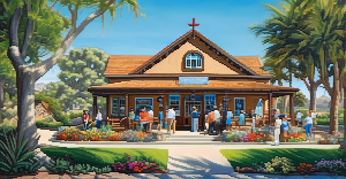 A bright scene of the Carlsbad Historical Society Museum with tourists looking at indigenous artifacts, surrounded by greenery and flowers.