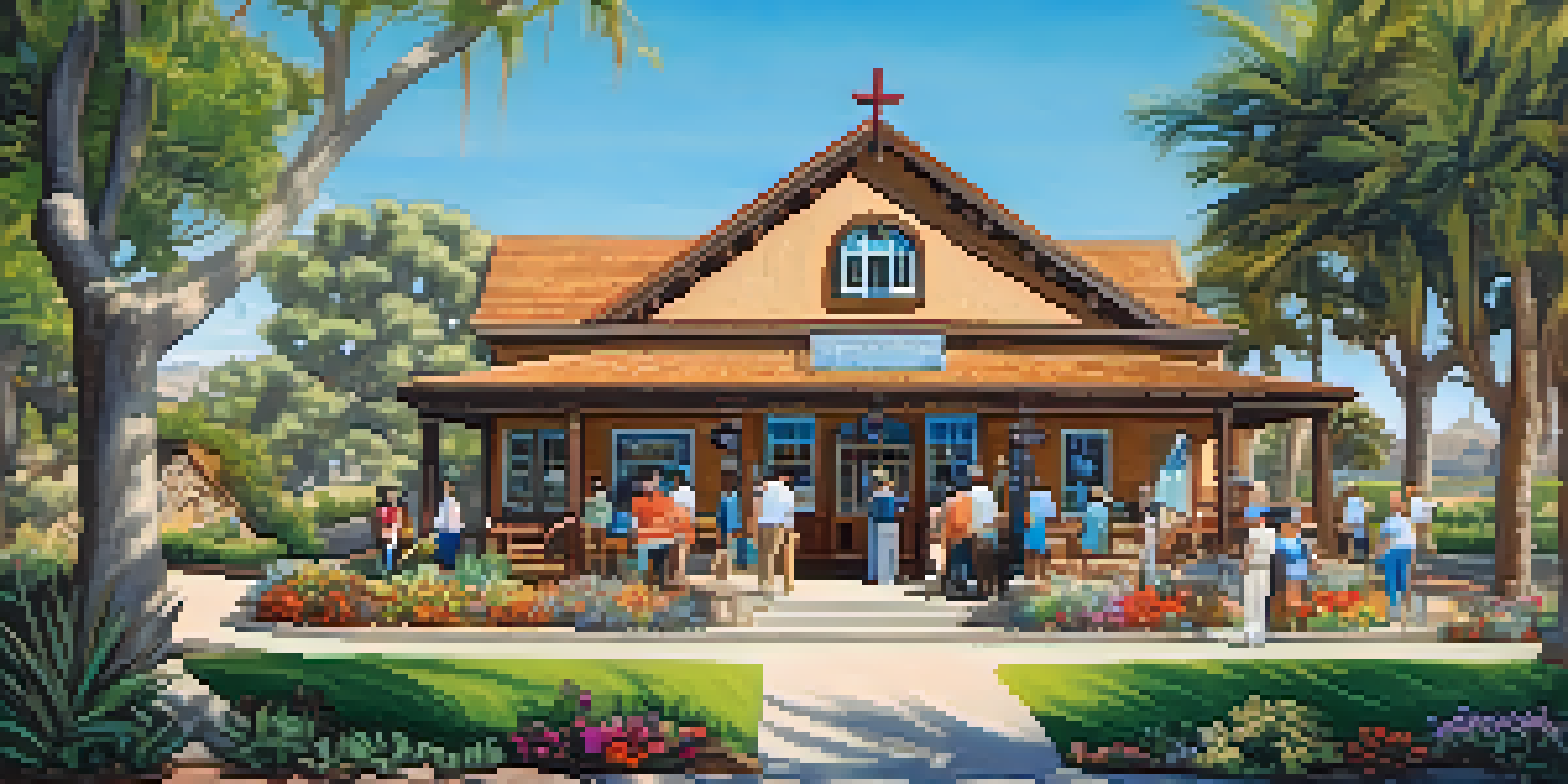 A bright scene of the Carlsbad Historical Society Museum with tourists looking at indigenous artifacts, surrounded by greenery and flowers.