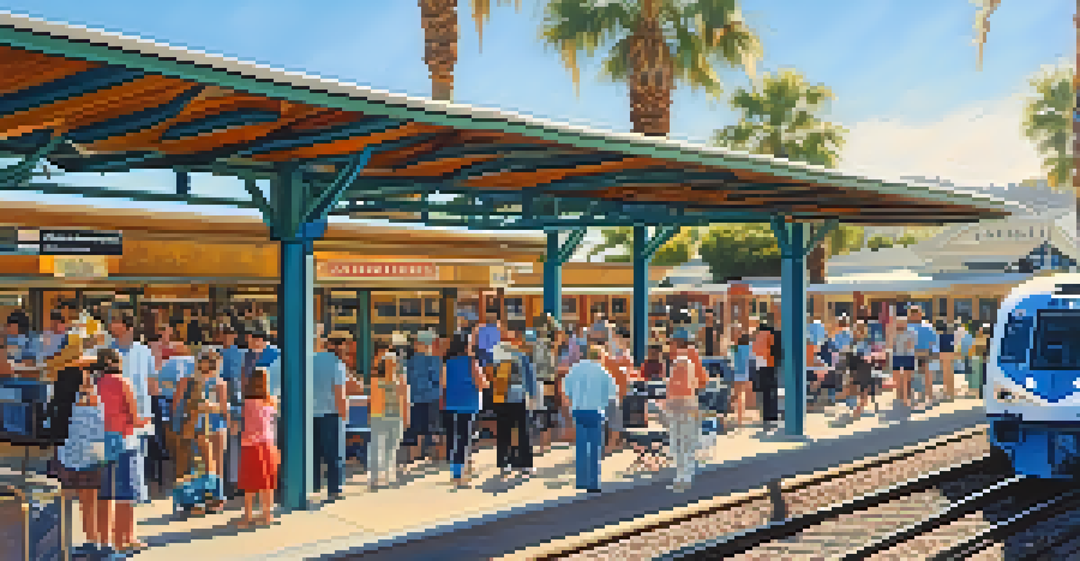 A busy train station with travelers and local art displays, showcasing the Pacific Surfliner's community connection.
