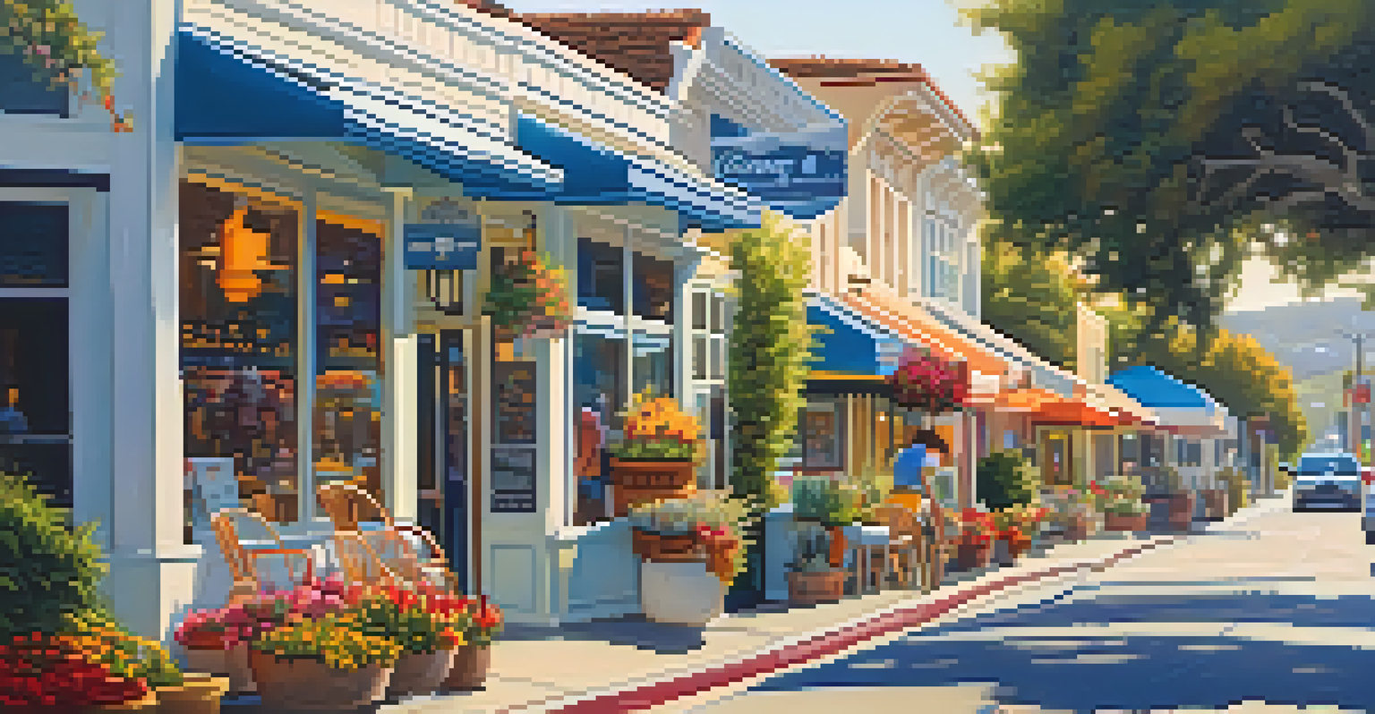 A lively street scene along Historic Route 101 in Carlsbad, featuring colorful shops, cafes, and people walking under sunny skies.