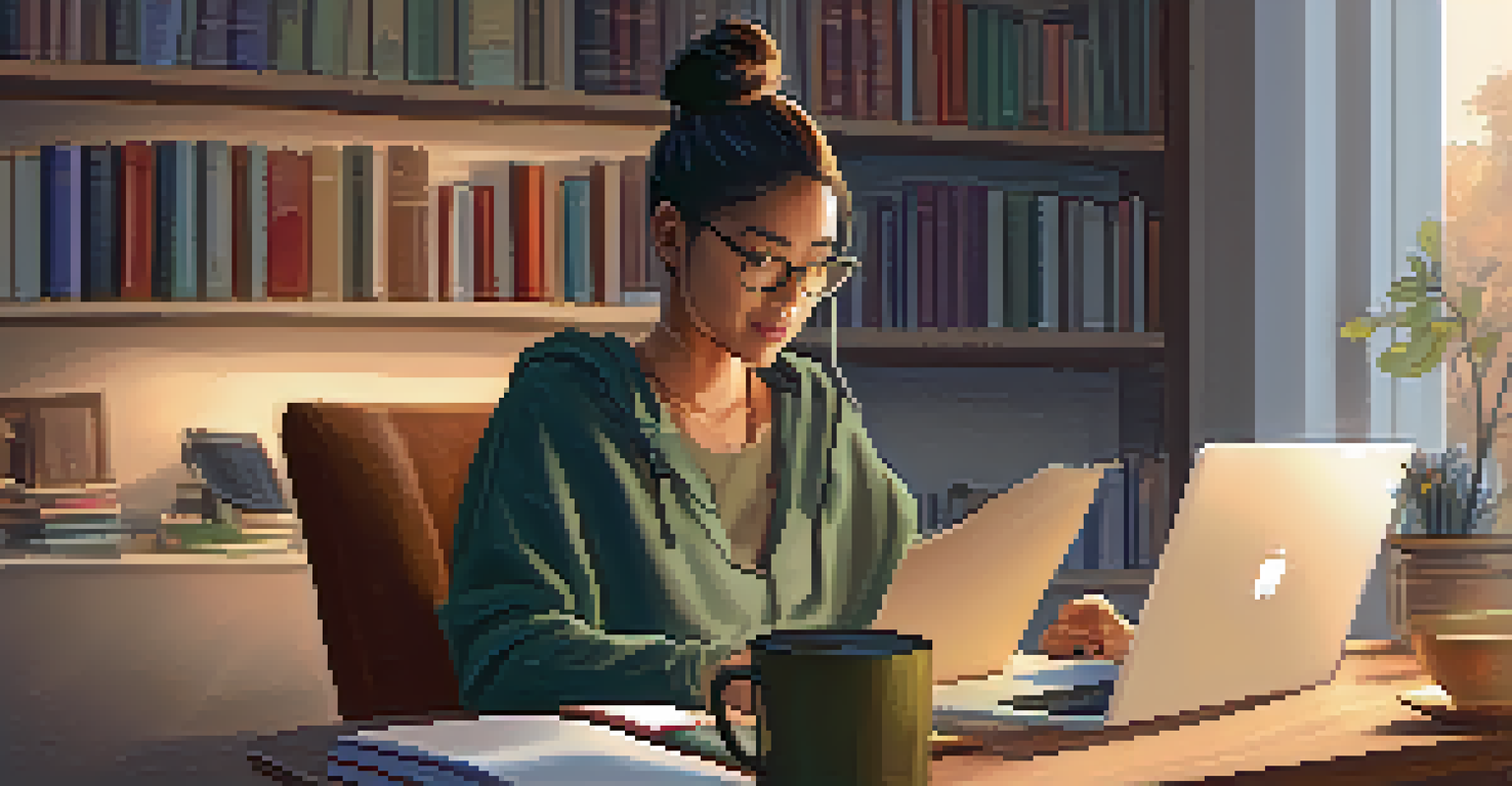 An adult learner participating in an online class from a cozy home office, with a laptop and books in the background.