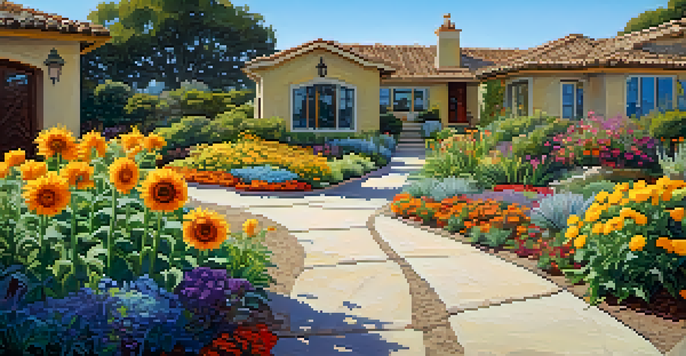 A colorful flower bed with sunflowers and marigolds under a blue sky, featuring a gravel path and garden decorations.