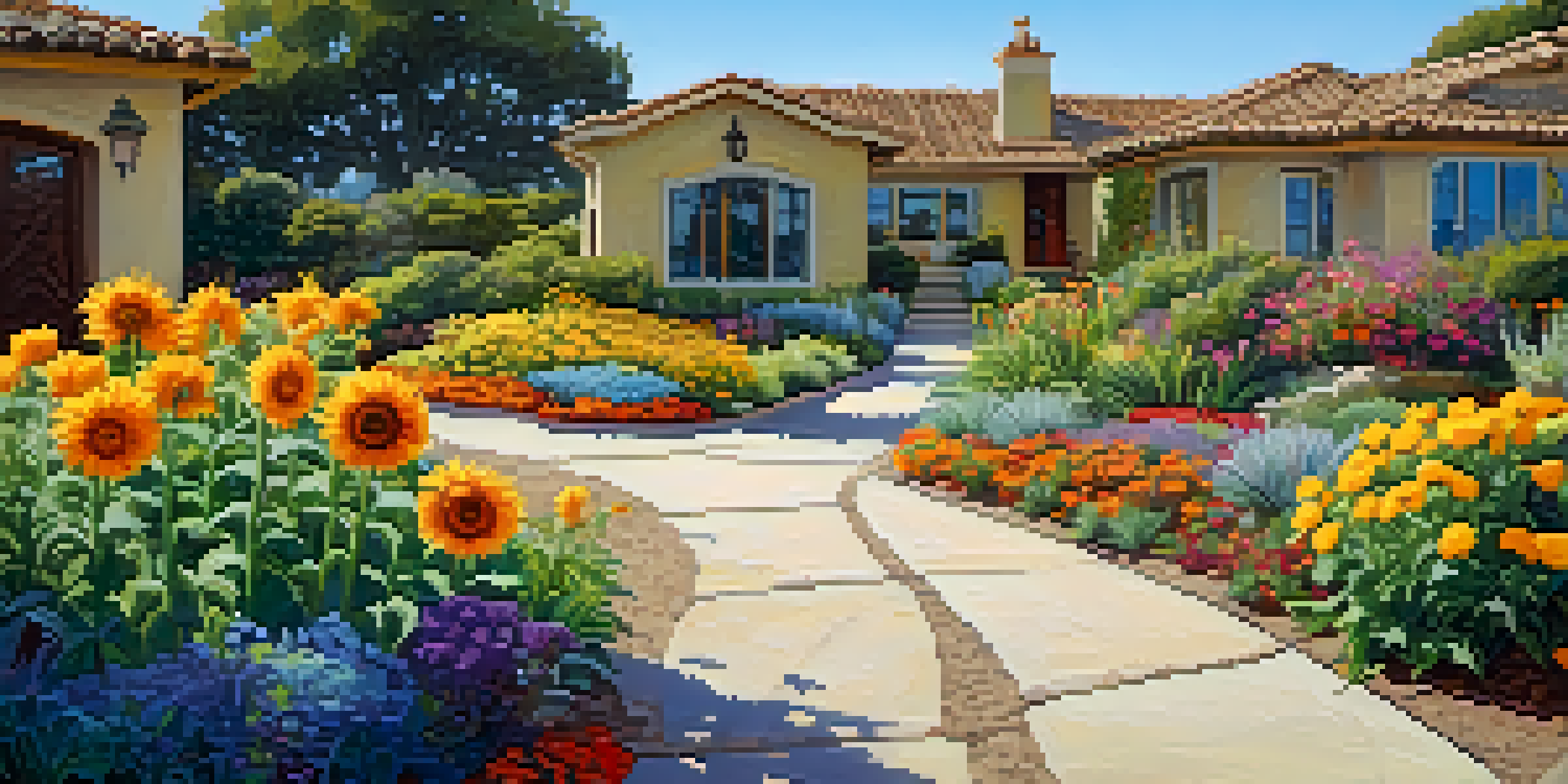 A colorful flower bed with sunflowers and marigolds under a blue sky, featuring a gravel path and garden decorations.