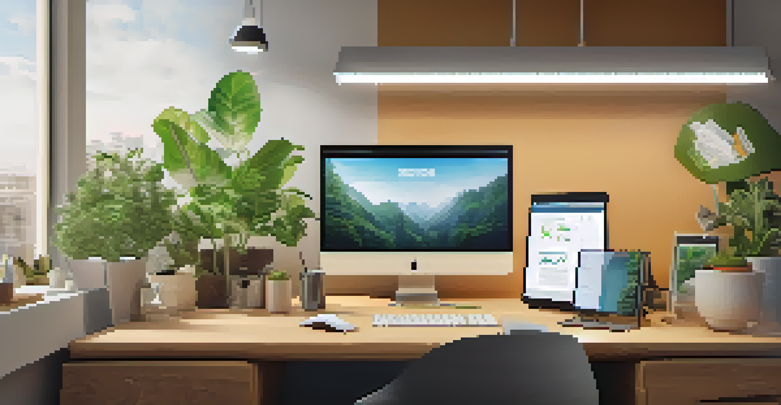 A clean tech startup workspace featuring eco-friendly gadgets and plants on a desk with a laptop displaying a sustainable project.